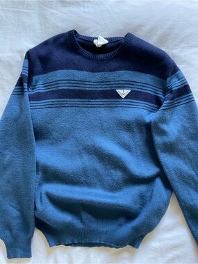Unisex Blue Crewneck Striped Sweater, says “marine club”